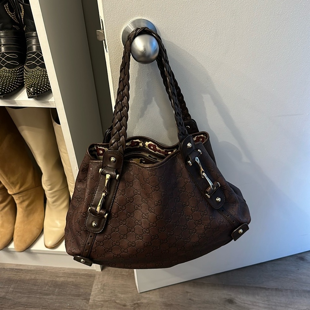 Gucci chocolate brown embossed leather Guccissima shoulder bag